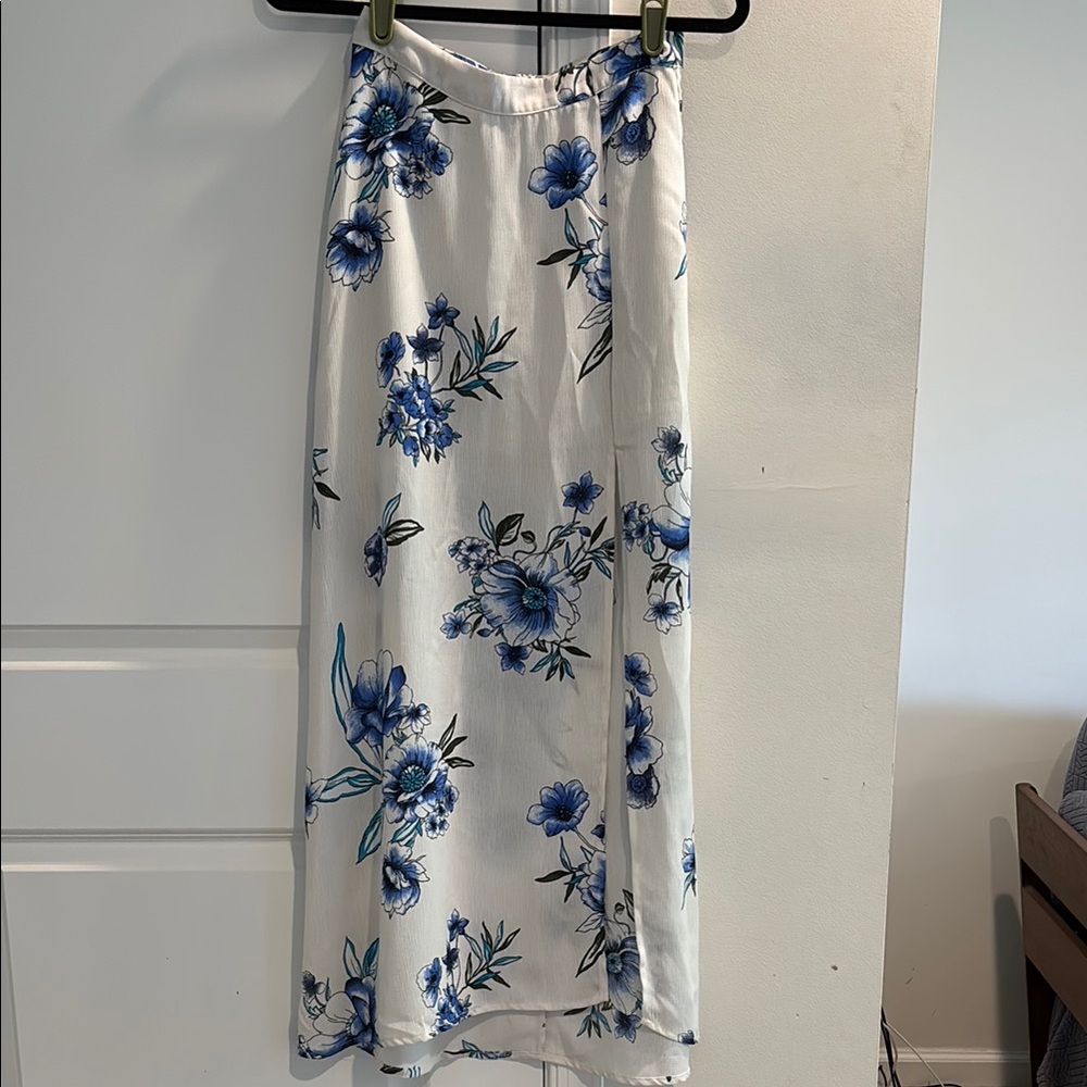 Lush White and Blue Asymmetrical A-Line Midi Skirt